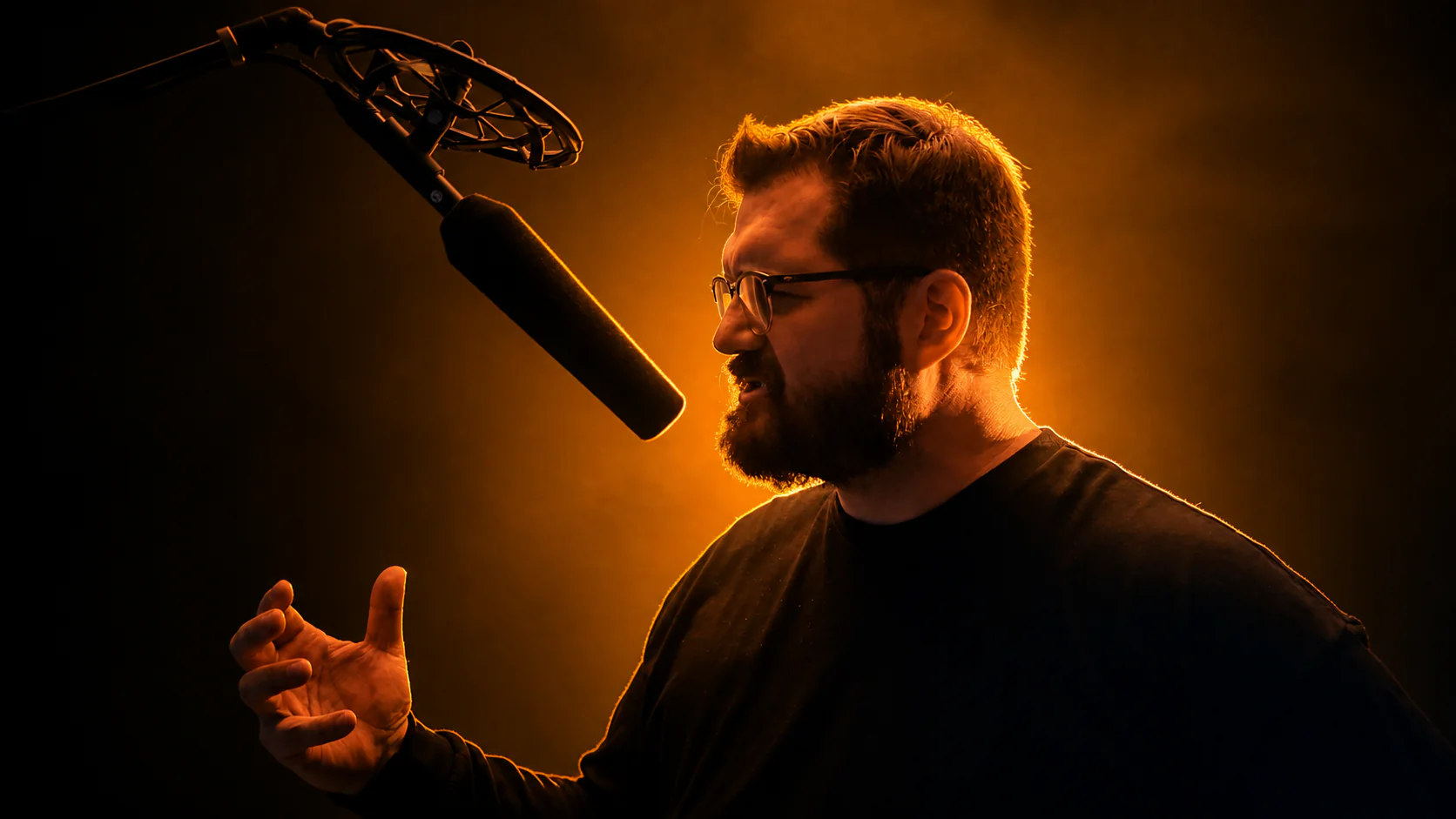Glenn C. Hahn performing at a studio microphone in dramatic amber light