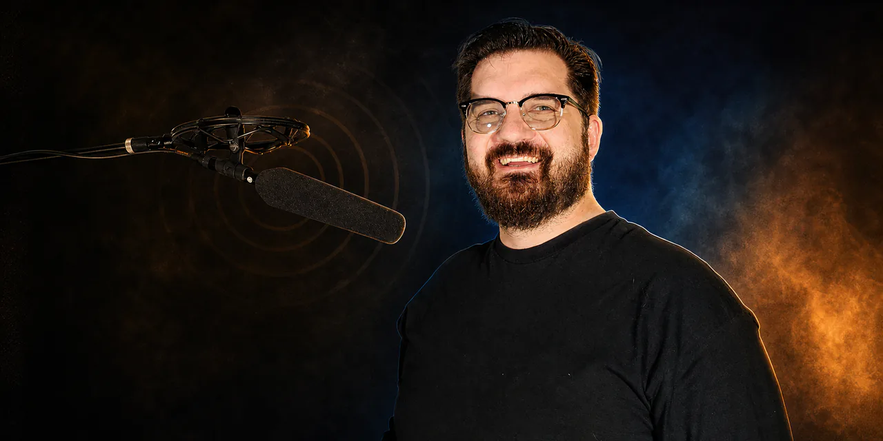 Glenn smiling beside a studio boom microphone in dramatic amber and blue light